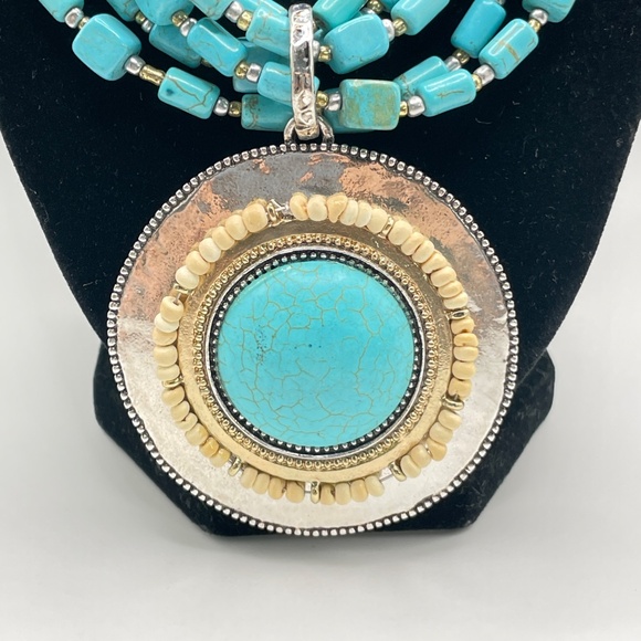 Chico's Vintage Faux Turquoise 5 Strand Beaded Necklace Boho - Picture 2 of 13